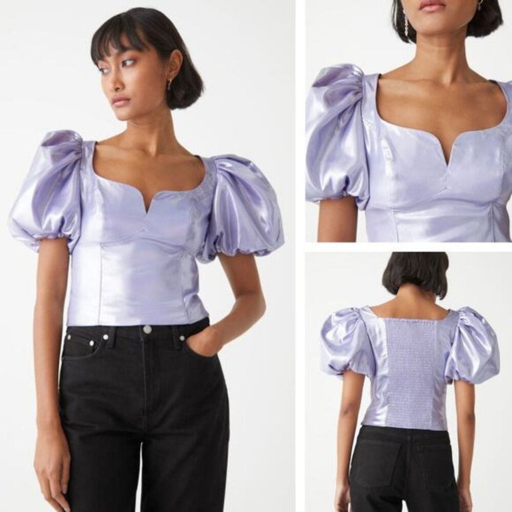 & OTHER STORIES Metallic Sweetheart Neckline Puff Sleeve Top Sz Small Lilac